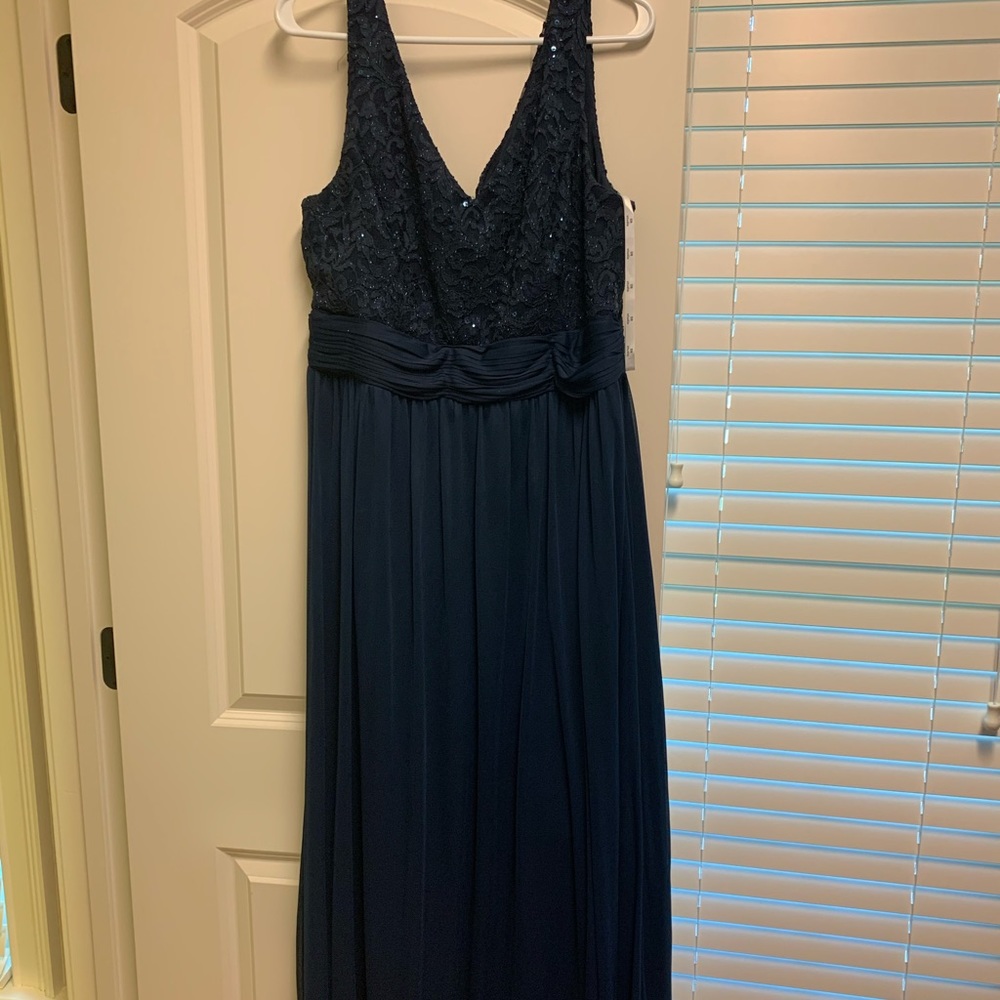 David’s Bridal long navy gown.